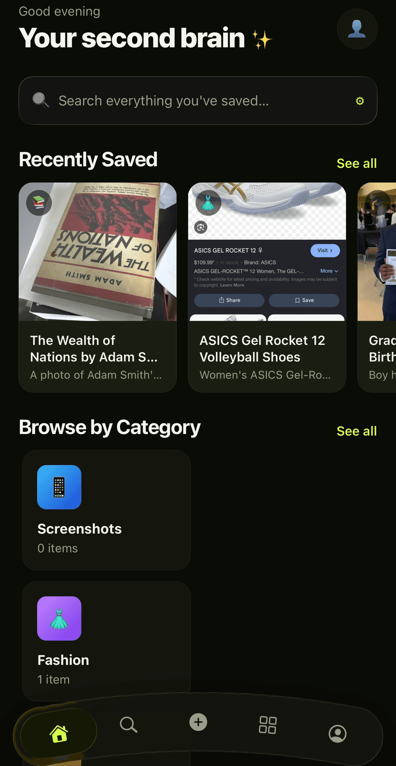 Flickk home screen, your second brain